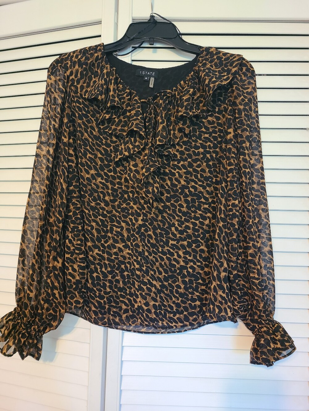 1 STATE Leopard-Print Ruffle Tie-Neck Blouse in Brown and Black